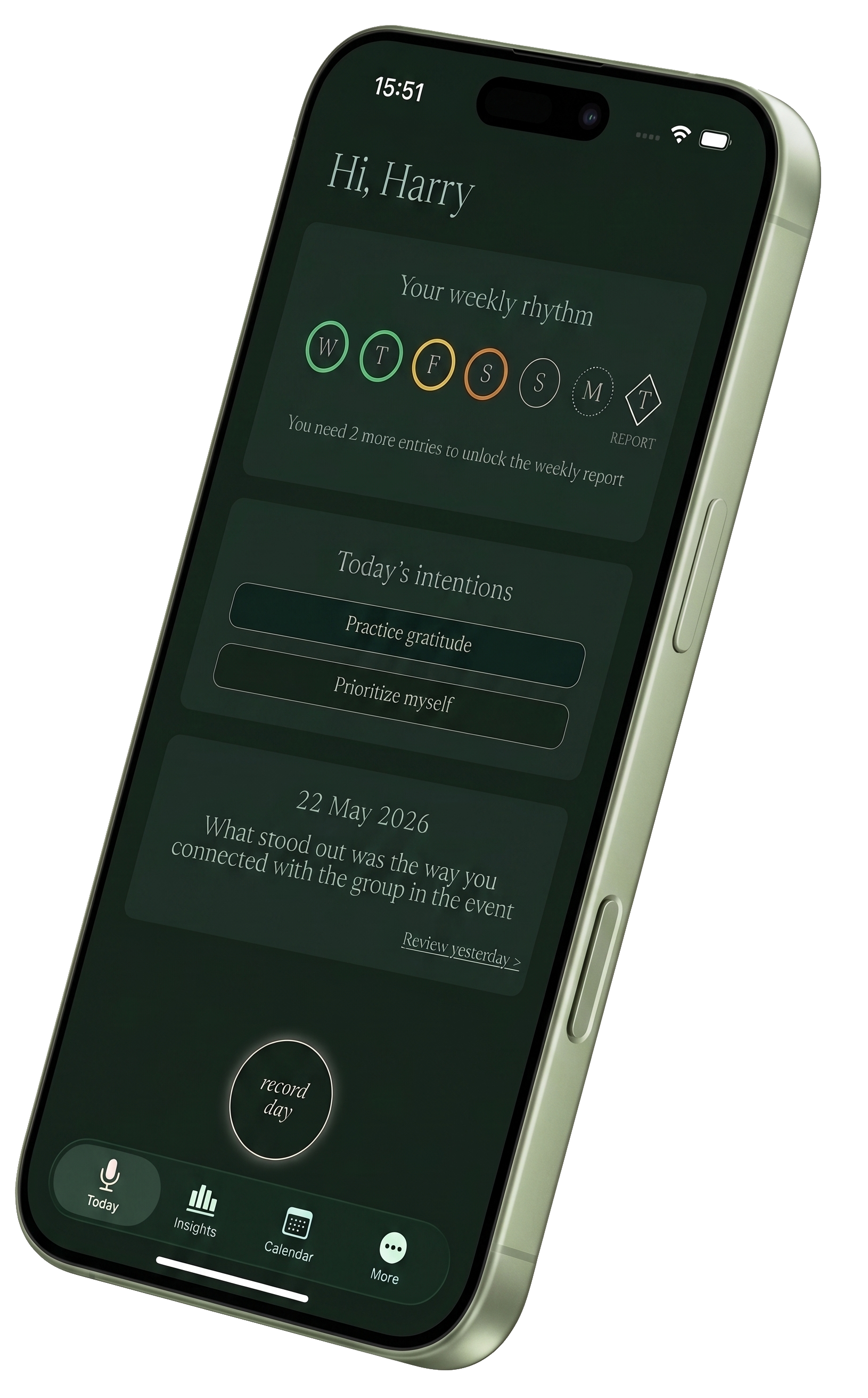 iPhone showing Betterday weekly rhythm, intentions, and daily reflection cards